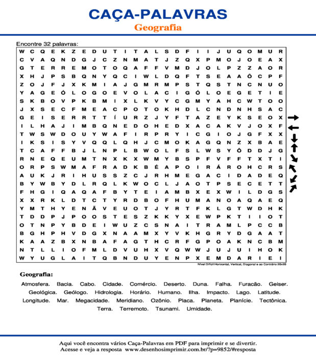 Caça Palavras Geografia Nível Difícil Horizontal, Vertical, Diagonal e ao Contrário 26x26 para imprimir