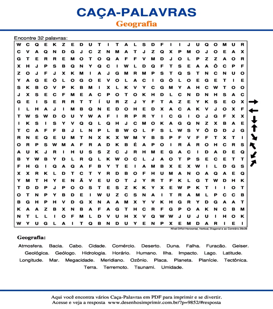 Geografia Nível Difícil Horizontal, Vertical, Diagonal e ao Contrário 26x26 caça palavras Caça Palavras Geografia Nível Difícil Horizontal, Vertical, Diagonal e ao Contrário 26x26 para imprimir
