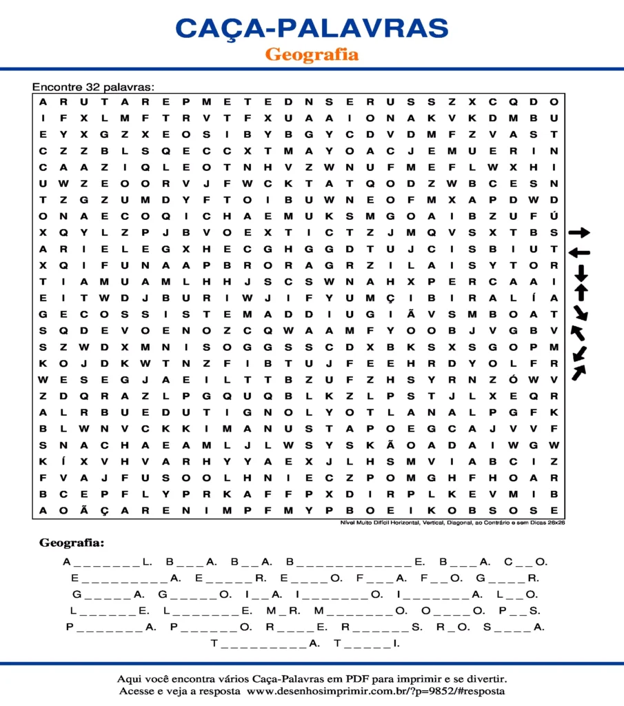 Geografia Nível Muito Difícil Horizontal, Vertical, Diagonal, ao Contrário e sem Dicas 26x26 caça palavras Caça Palavras Geografia Nível Muito Difícil Horizontal, Vertical, Diagonal, ao Contrário e sem Dicas 26x26 para imprimir