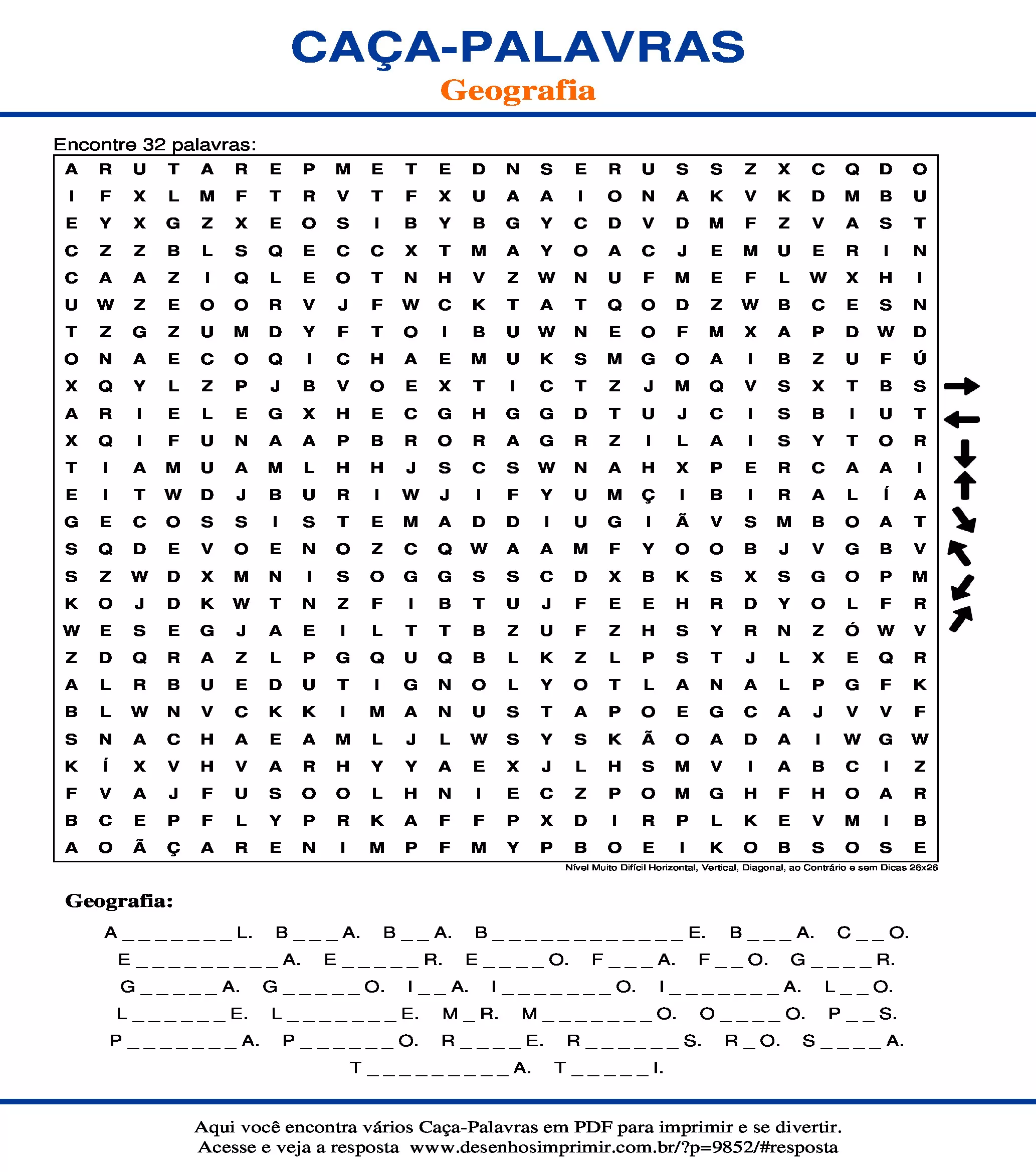 Caça Palavras Nível Muito Difícil Horizontal, Vertical, Diagonal, ao Contrário e sem Dicas 26x26