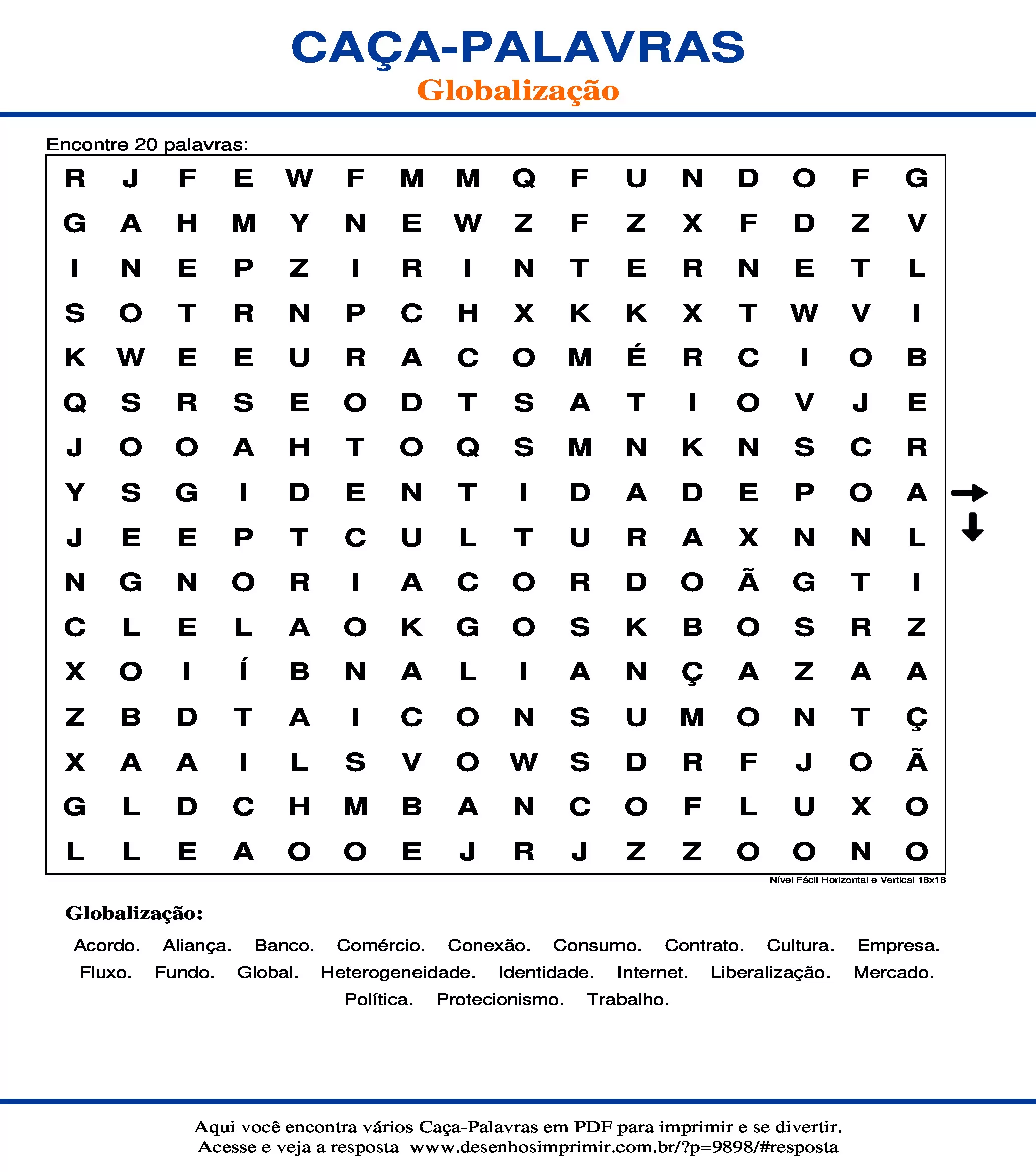 Caça Palavras Nível Fácil Horizontal e Vertical 16x16