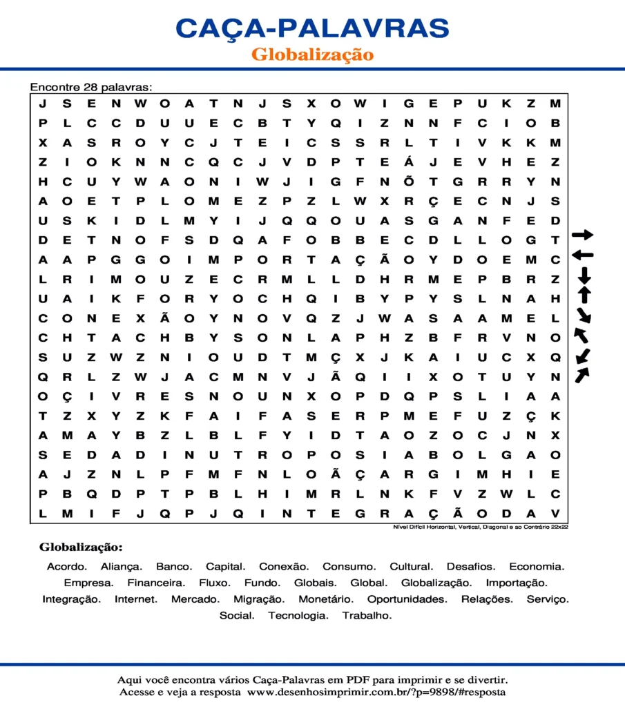 Globalização Nível Difícil Horizontal, Vertical, Diagonal e ao Contrário 22x22 caça palavras Caça Palavras Globalização Nível Difícil Horizontal, Vertical, Diagonal e ao Contrário 22x22 para imprimir