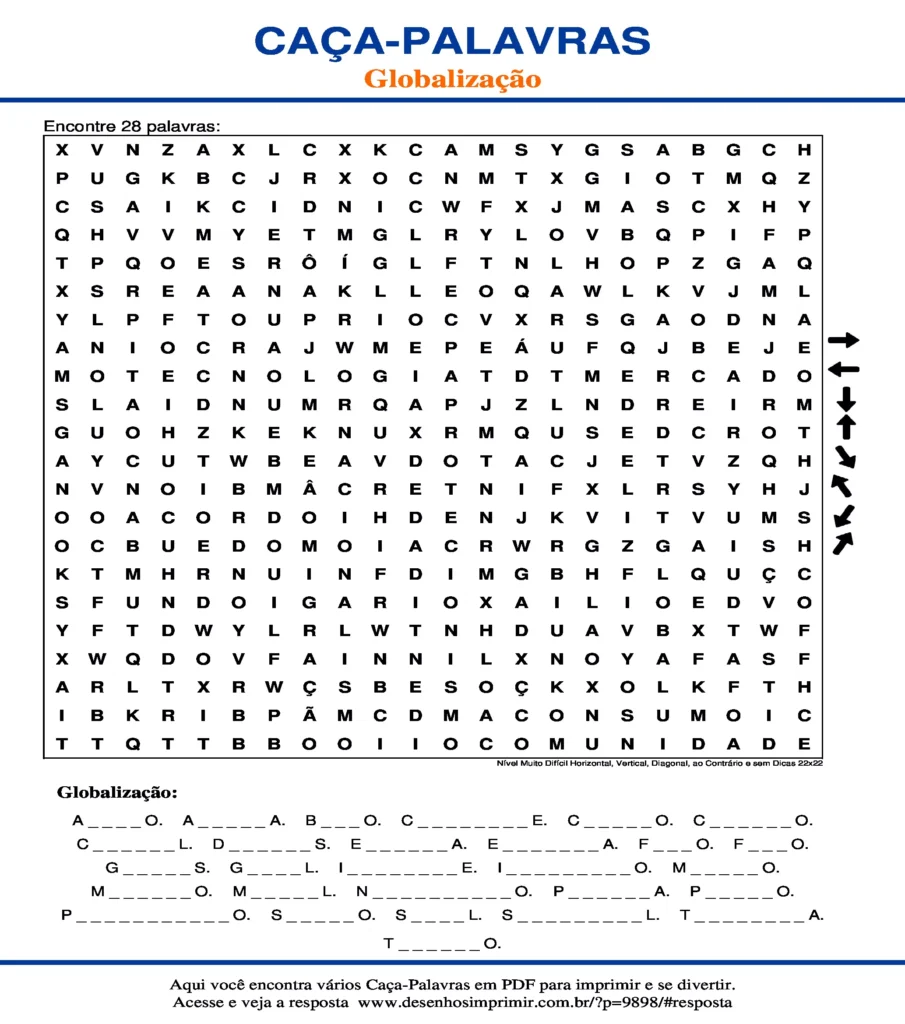 Globalização Nível Muito Difícil Horizontal, Vertical, Diagonal, ao Contrário e sem Dicas 22x22 caça palavras Caça Palavras Globalização Nível Muito Difícil Horizontal, Vertical, Diagonal, ao Contrário e sem Dicas 22x22 para imprimir