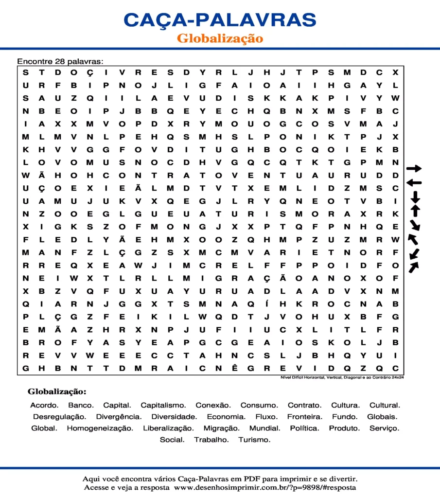 Globalização Nível Difícil Horizontal, Vertical, Diagonal e ao Contrário 24x24 caça palavras Caça Palavras Globalização Nível Difícil Horizontal, Vertical, Diagonal e ao Contrário 24x24 para imprimir