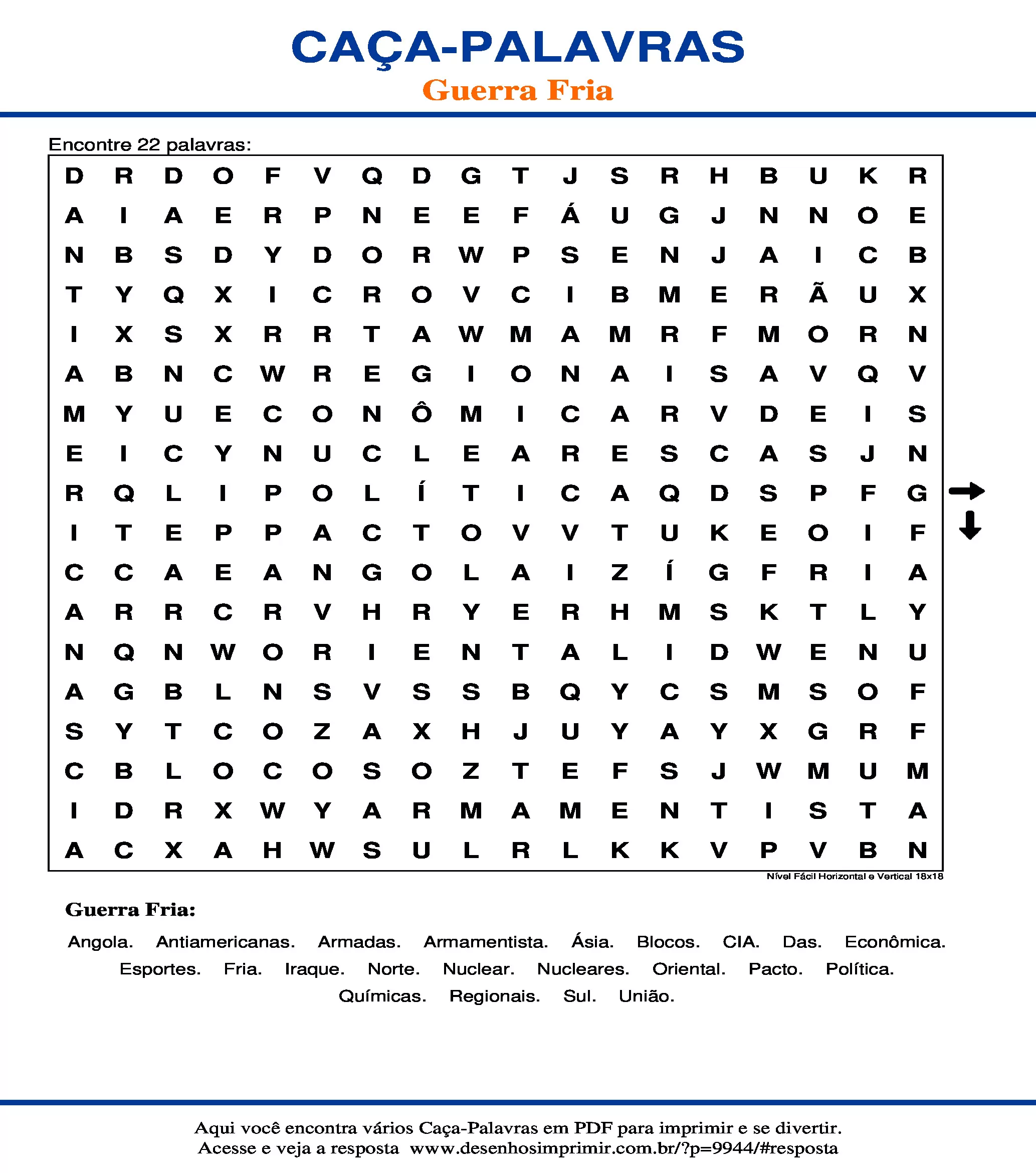 Caça Palavras Nível Fácil Horizontal e Vertical 18x18
