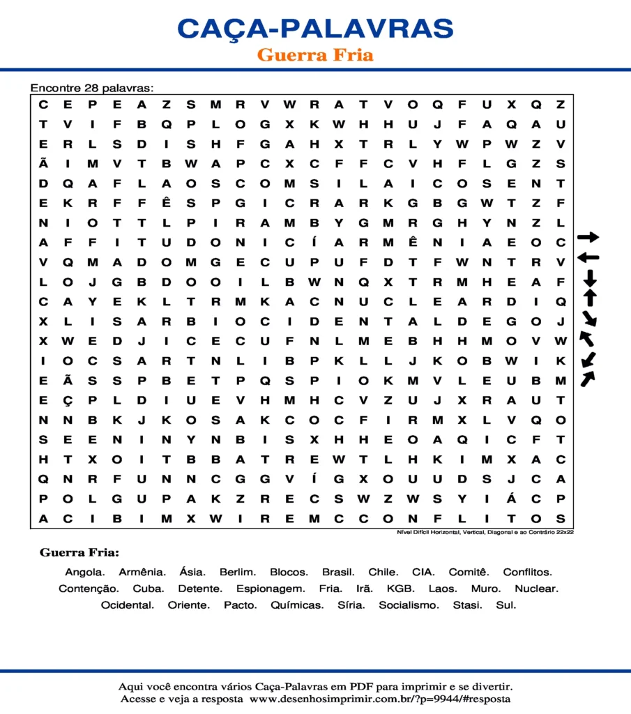 Guerra Fria Nível Difícil Horizontal, Vertical, Diagonal e ao Contrário 22x22 caça palavras Caça Palavras Guerra Fria Nível Difícil Horizontal, Vertical, Diagonal e ao Contrário 22x22 para imprimir