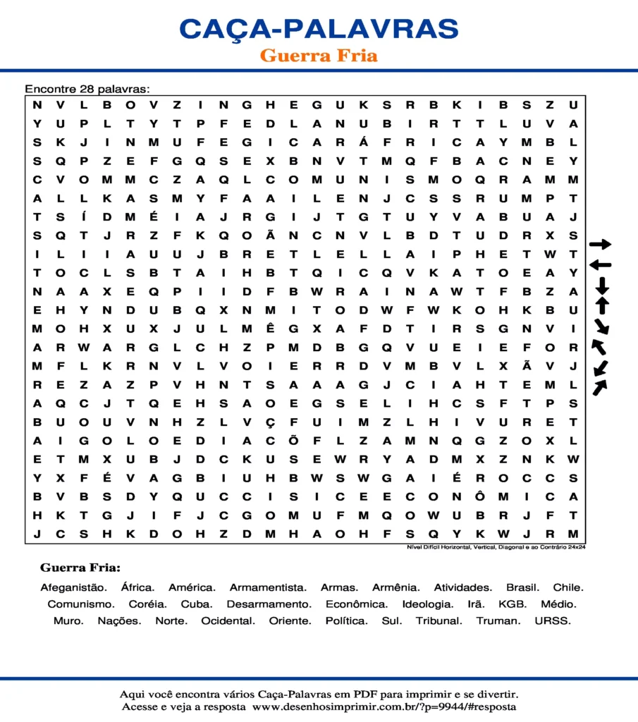 Guerra Fria Nível Difícil Horizontal, Vertical, Diagonal e ao Contrário 24x24 caça palavras Caça Palavras Guerra Fria Nível Difícil Horizontal, Vertical, Diagonal e ao Contrário 24x24 para imprimir
