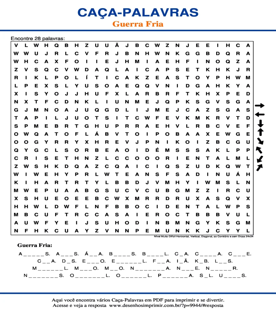 Guerra Fria Nível Muito Difícil Horizontal, Vertical, Diagonal, ao Contrário e sem Dicas 24x24 caça palavras Caça Palavras Guerra Fria Nível Muito Difícil Horizontal, Vertical, Diagonal, ao Contrário e sem Dicas 24x24 para imprimir