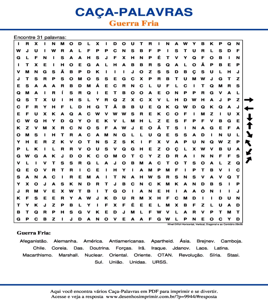 Guerra Fria Nível Difícil Horizontal, Vertical, Diagonal e ao Contrário 26x26 caça palavras Caça Palavras Guerra Fria Nível Difícil Horizontal, Vertical, Diagonal e ao Contrário 26x26 para imprimir