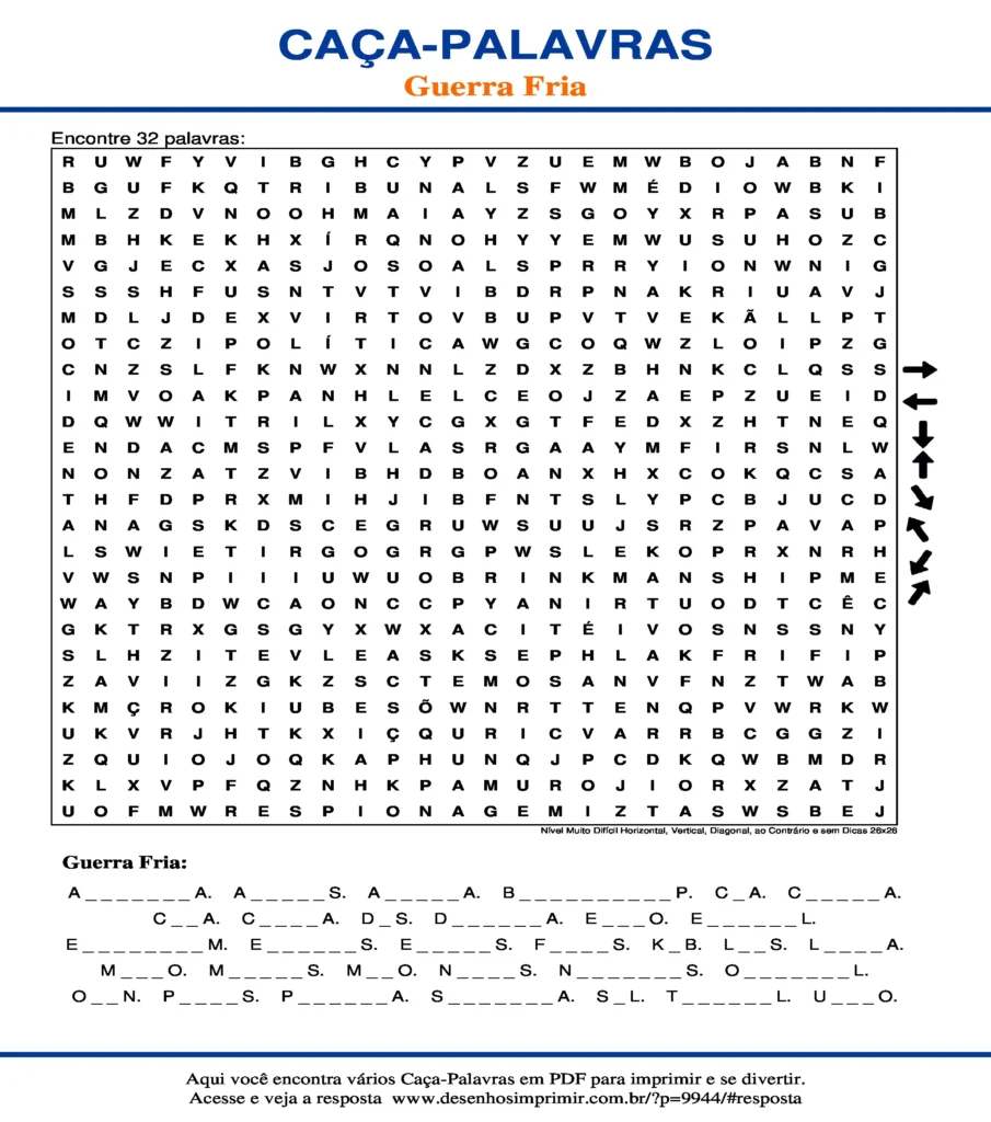 Guerra Fria Nível Muito Difícil Horizontal, Vertical, Diagonal, ao Contrário e sem Dicas 26x26 caça palavras Caça Palavras Guerra Fria Nível Muito Difícil Horizontal, Vertical, Diagonal, ao Contrário e sem Dicas 26x26 para imprimir