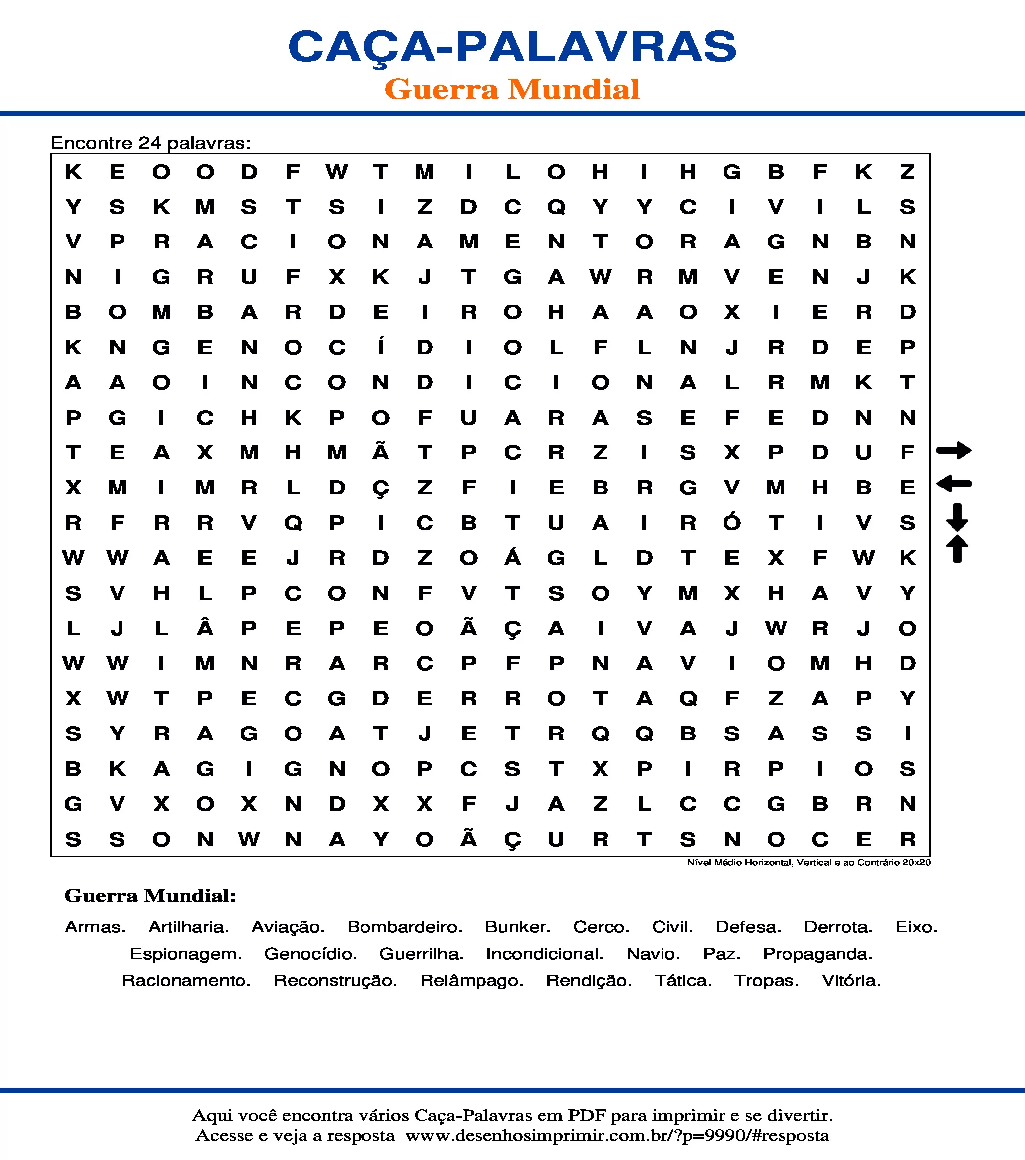 Caça Palavras Nível Médio Horizontal, Vertical e ao Contrário 20x20