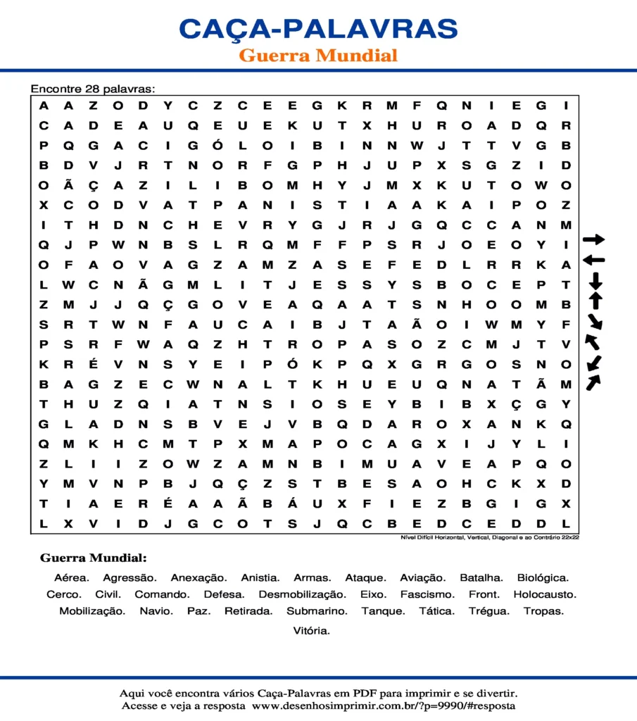 Guerra Mundial Nível Difícil Horizontal, Vertical, Diagonal e ao Contrário 22x22 caça palavras Caça Palavras Guerra Mundial Nível Difícil Horizontal, Vertical, Diagonal e ao Contrário 22x22 para imprimir