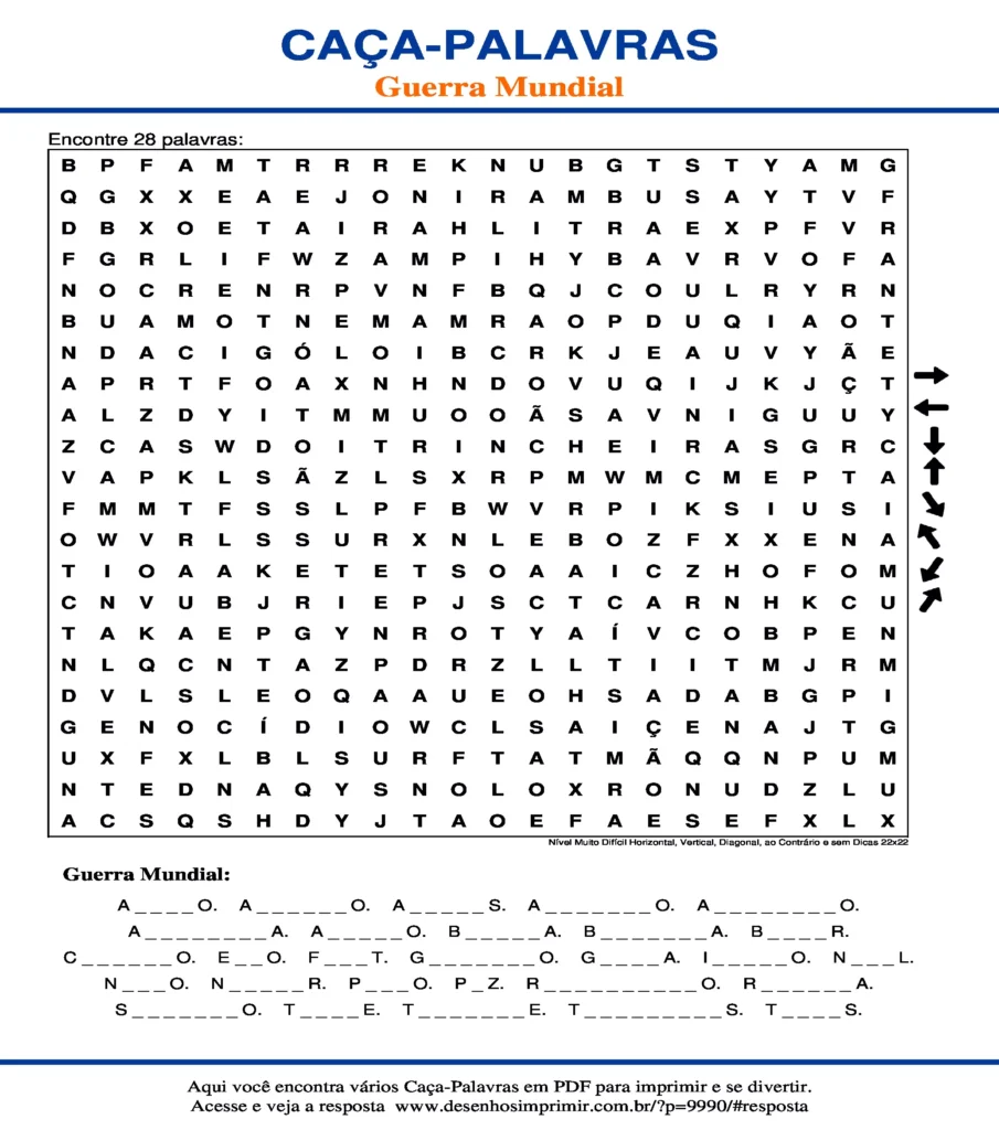 Guerra Mundial Nível Muito Difícil Horizontal, Vertical, Diagonal, ao Contrário e sem Dicas 22x22 caça palavras Caça Palavras Guerra Mundial Nível Muito Difícil Horizontal, Vertical, Diagonal, ao Contrário e sem Dicas 22x22 para imprimir