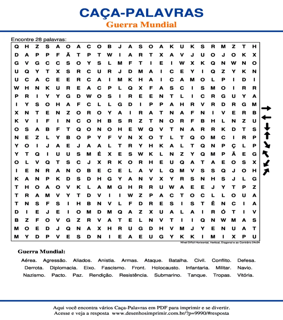 Guerra Mundial Nível Difícil Horizontal, Vertical, Diagonal e ao Contrário 24x24 caça palavras Caça Palavras Guerra Mundial Nível Difícil Horizontal, Vertical, Diagonal e ao Contrário 24x24 para imprimir