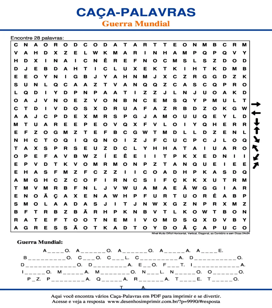 Guerra Mundial Nível Muito Difícil Horizontal, Vertical, Diagonal, ao Contrário e sem Dicas 24x24 caça palavras Caça Palavras Guerra Mundial Nível Muito Difícil Horizontal, Vertical, Diagonal, ao Contrário e sem Dicas 24x24 para imprimir
