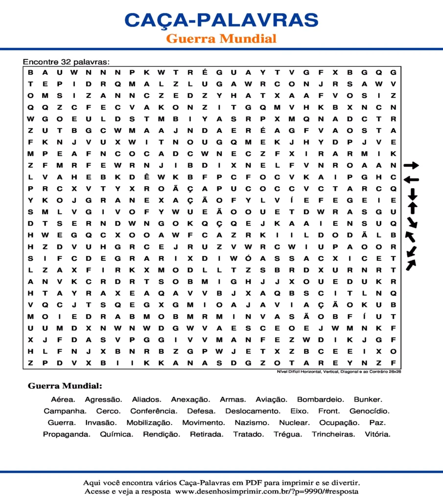 Guerra Mundial Nível Difícil Horizontal, Vertical, Diagonal e ao Contrário 26x26 caça palavras Caça Palavras Guerra Mundial Nível Difícil Horizontal, Vertical, Diagonal e ao Contrário 26x26 para imprimir