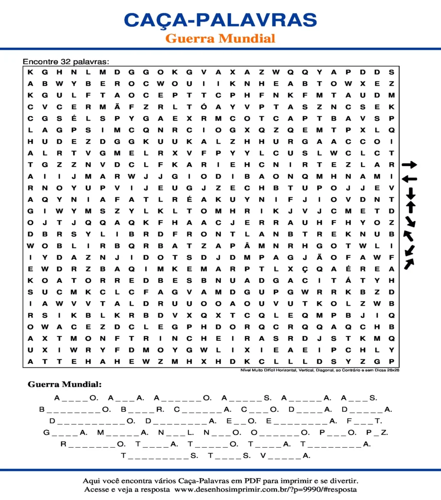 Guerra Mundial Nível Muito Difícil Horizontal, Vertical, Diagonal, ao Contrário e sem Dicas 26x26 caça palavras Caça Palavras Guerra Mundial Nível Muito Difícil Horizontal, Vertical, Diagonal, ao Contrário e sem Dicas 26x26 para imprimir