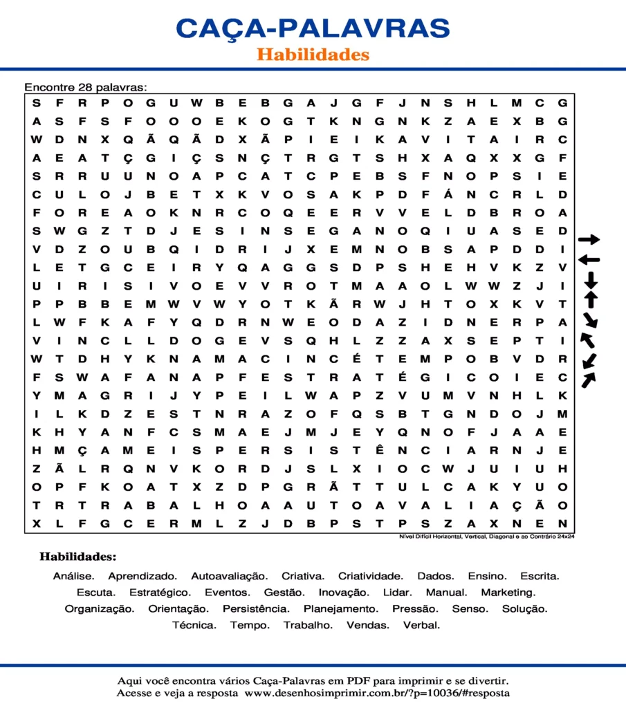 Habilidades Nível Difícil Horizontal, Vertical, Diagonal e ao Contrário 24x24 caça palavras Caça Palavras Habilidades Nível Difícil Horizontal, Vertical, Diagonal e ao Contrário 24x24 para imprimir