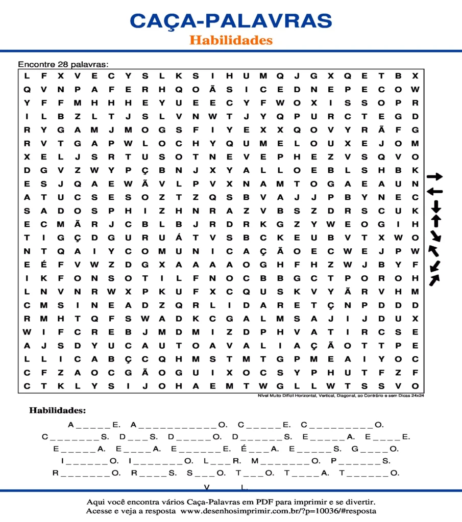 Habilidades Nível Muito Difícil Horizontal, Vertical, Diagonal, ao Contrário e sem Dicas 24x24 caça palavras Caça Palavras Habilidades Nível Muito Difícil Horizontal, Vertical, Diagonal, ao Contrário e sem Dicas 24x24 para imprimir