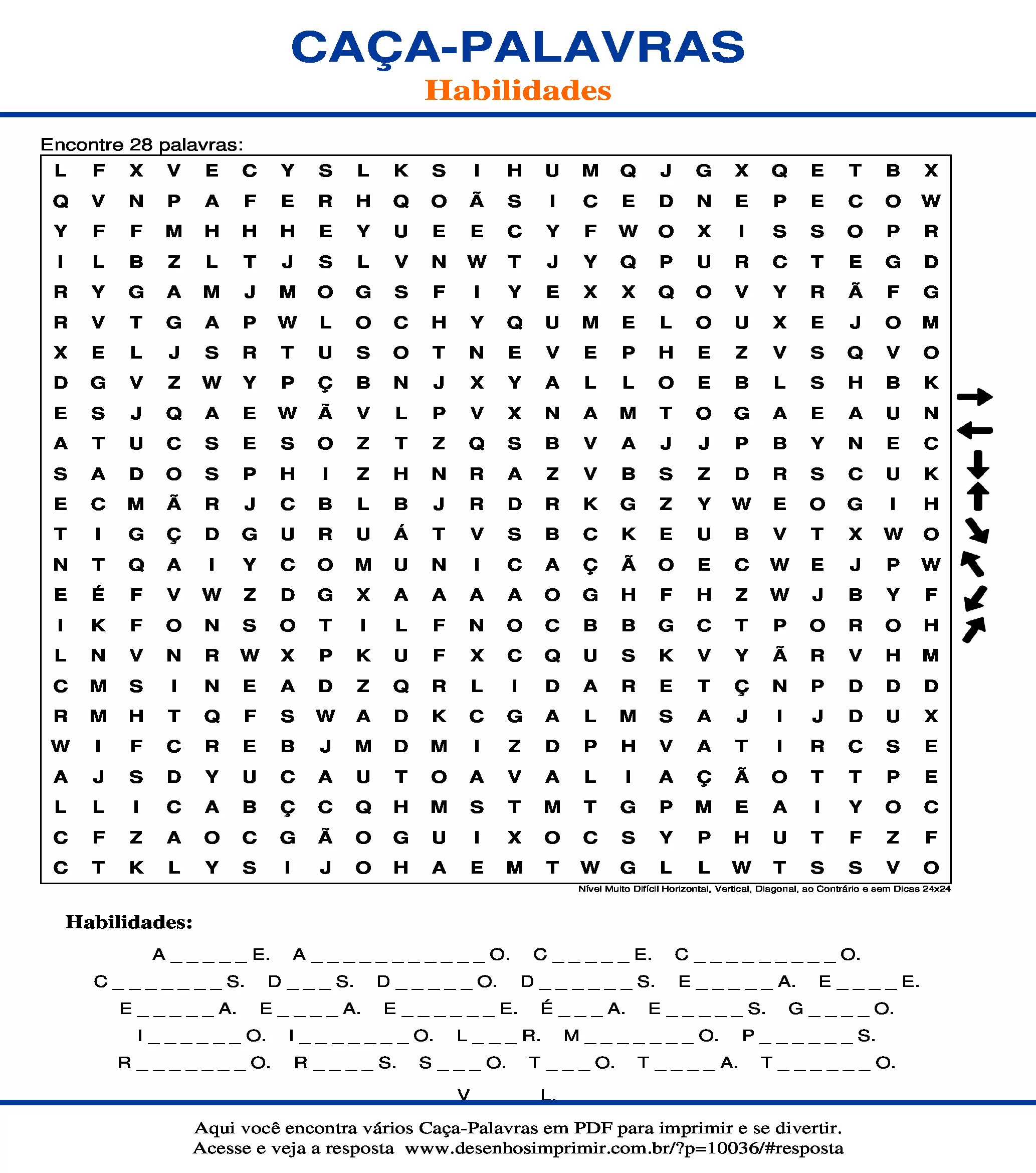 Caça Palavras Nível Muito Difícil Horizontal, Vertical, Diagonal, ao Contrário e sem Dicas 24x24
