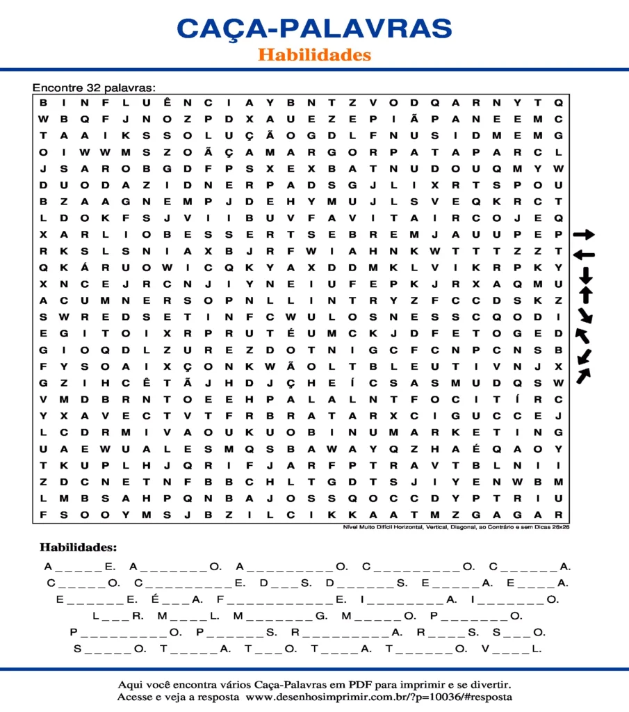 Habilidades Nível Muito Difícil Horizontal, Vertical, Diagonal, ao Contrário e sem Dicas 26x26 caça palavras Caça Palavras Habilidades Nível Muito Difícil Horizontal, Vertical, Diagonal, ao Contrário e sem Dicas 26x26 para imprimir