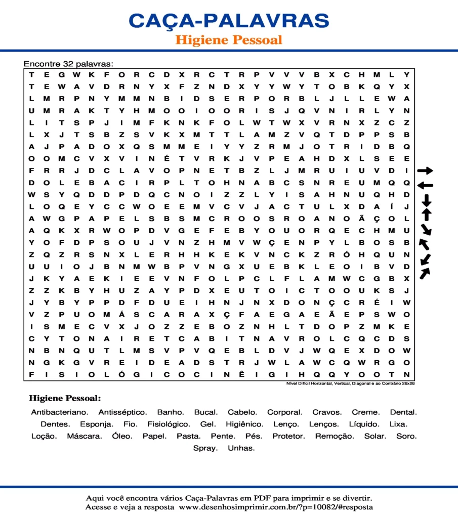 Higiene Pessoal Nível Difícil Horizontal, Vertical, Diagonal e ao Contrário 26x26 caça palavras Caça Palavras Higiene Pessoal Nível Difícil Horizontal, Vertical, Diagonal e ao Contrário 26x26 para imprimir