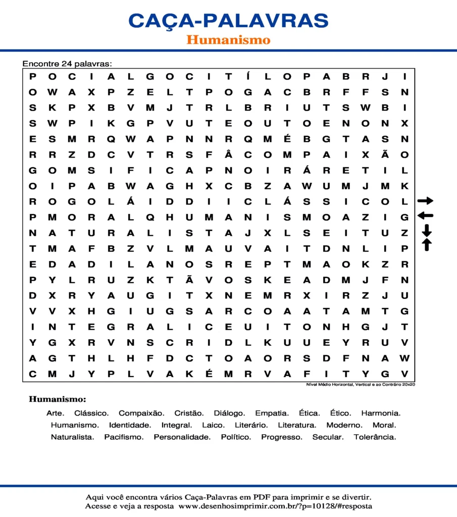 Humanismo Nível Médio Horizontal, Vertical e ao Contrário 20x20 caça palavras Caça Palavras Humanismo Nível Médio Horizontal, Vertical e ao Contrário 20x20 para imprimir