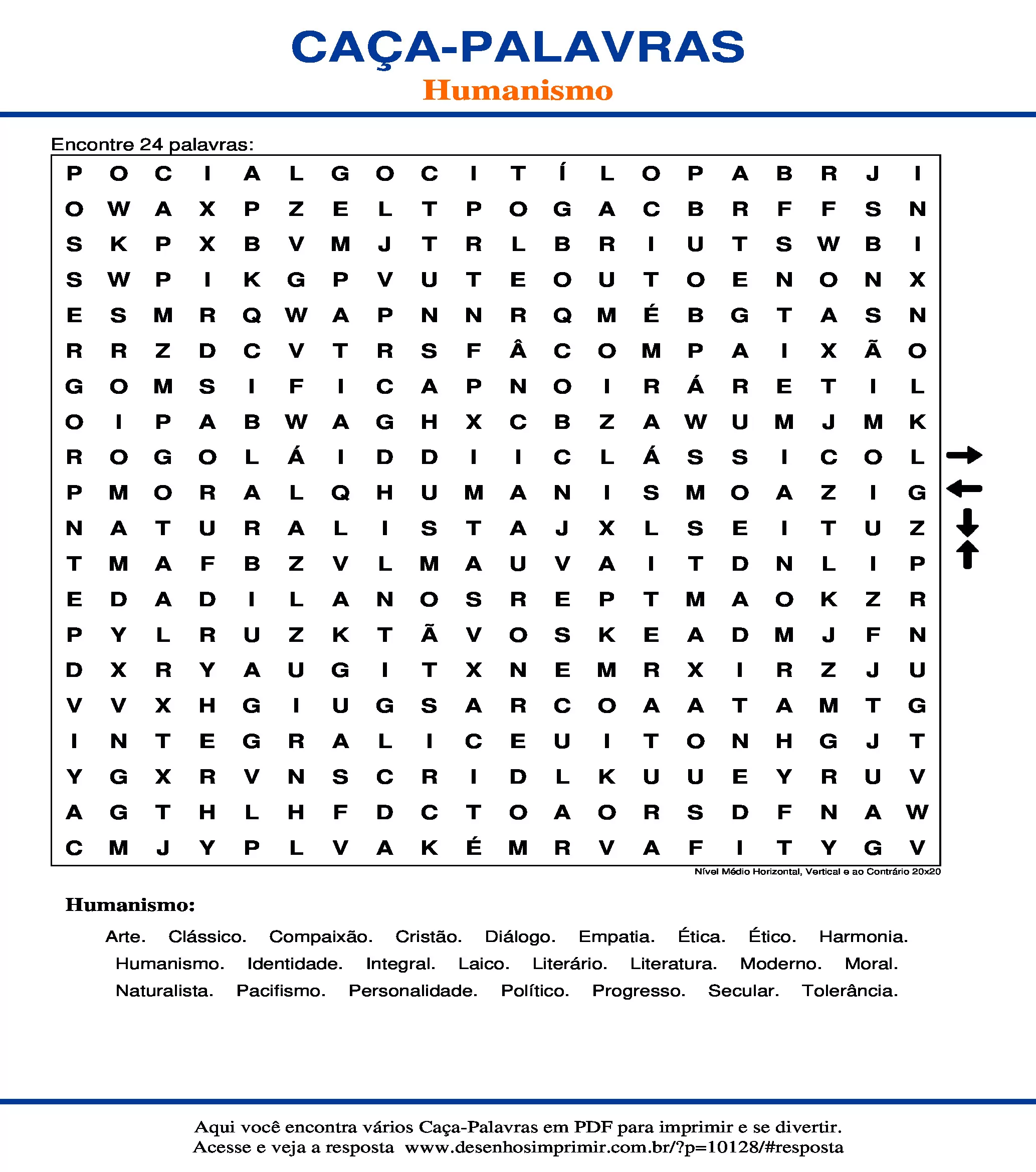 Caça Palavras Nível Médio Horizontal, Vertical e ao Contrário 20x20