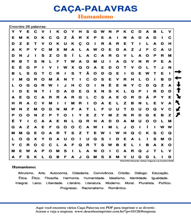 Caça Palavras Humanismo Nível Difícil Horizontal, Vertical, Diagonal e ao Contrário 22x22 para imprimir