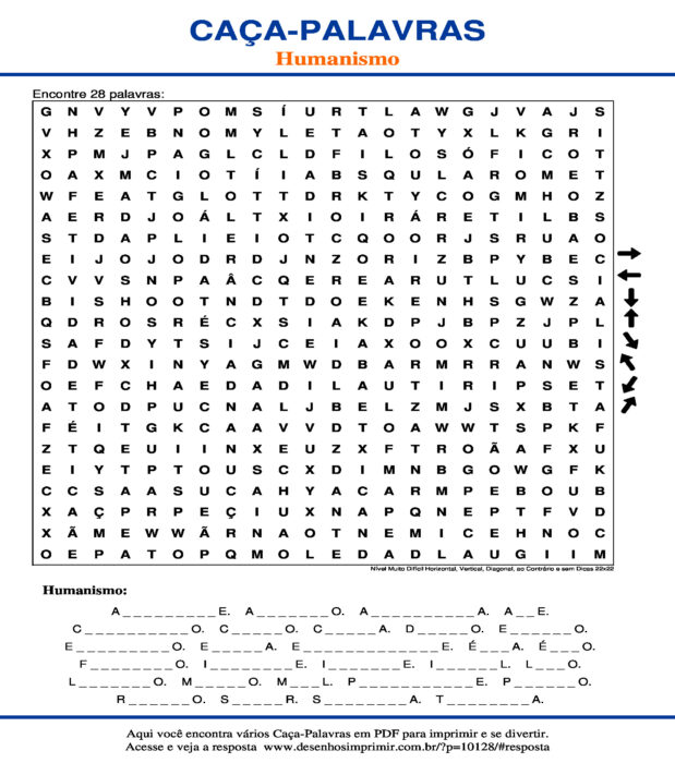 Caça Palavras Humanismo Nível Muito Difícil Horizontal, Vertical, Diagonal, ao Contrário e sem Dicas 22x22 para imprimir