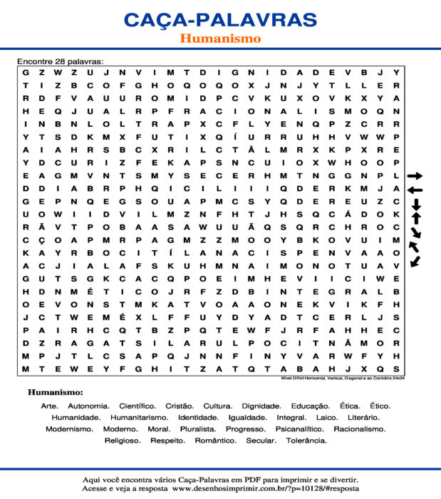 Caça Palavras Humanismo Nível Difícil Horizontal, Vertical, Diagonal e ao Contrário 24x24 para imprimir