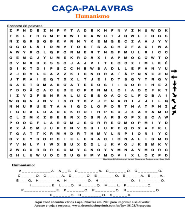 Caça Palavras Humanismo Nível Muito Difícil Horizontal, Vertical, Diagonal, ao Contrário e sem Dicas 24x24 para imprimir