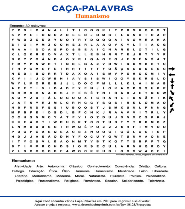 Caça Palavras Humanismo Nível Difícil Horizontal, Vertical, Diagonal e ao Contrário 26x26 para imprimir