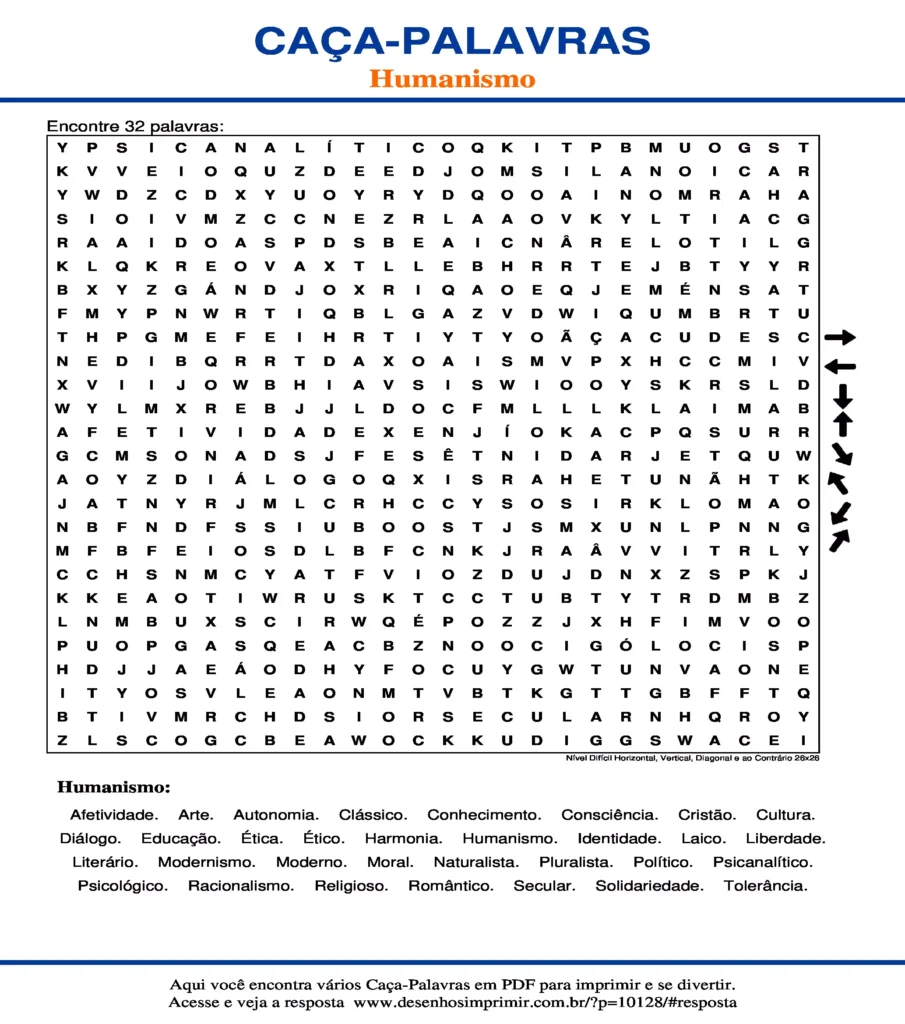 Humanismo Nível Difícil Horizontal, Vertical, Diagonal e ao Contrário 26x26 caça palavras Caça Palavras Humanismo Nível Difícil Horizontal, Vertical, Diagonal e ao Contrário 26x26 para imprimir