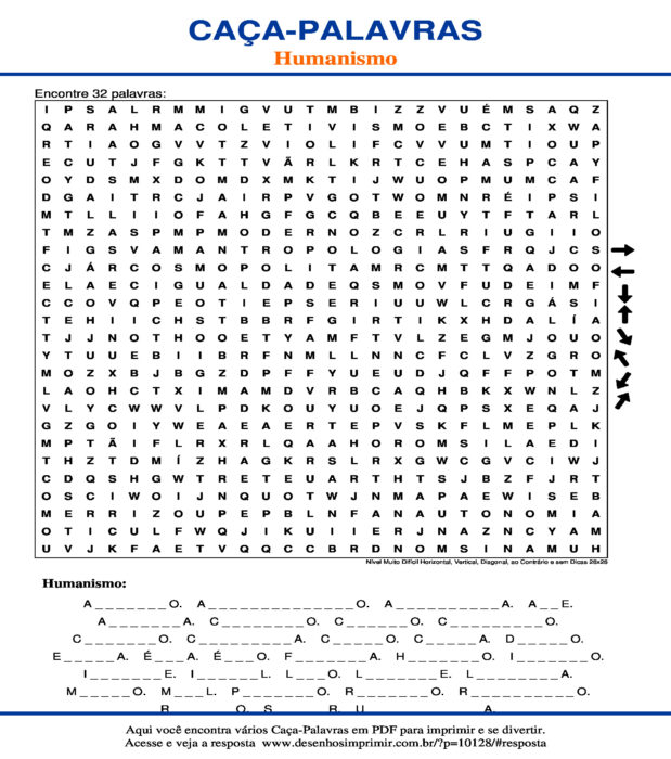 Caça Palavras Humanismo Nível Muito Difícil Horizontal, Vertical, Diagonal, ao Contrário e sem Dicas 26x26 para imprimir