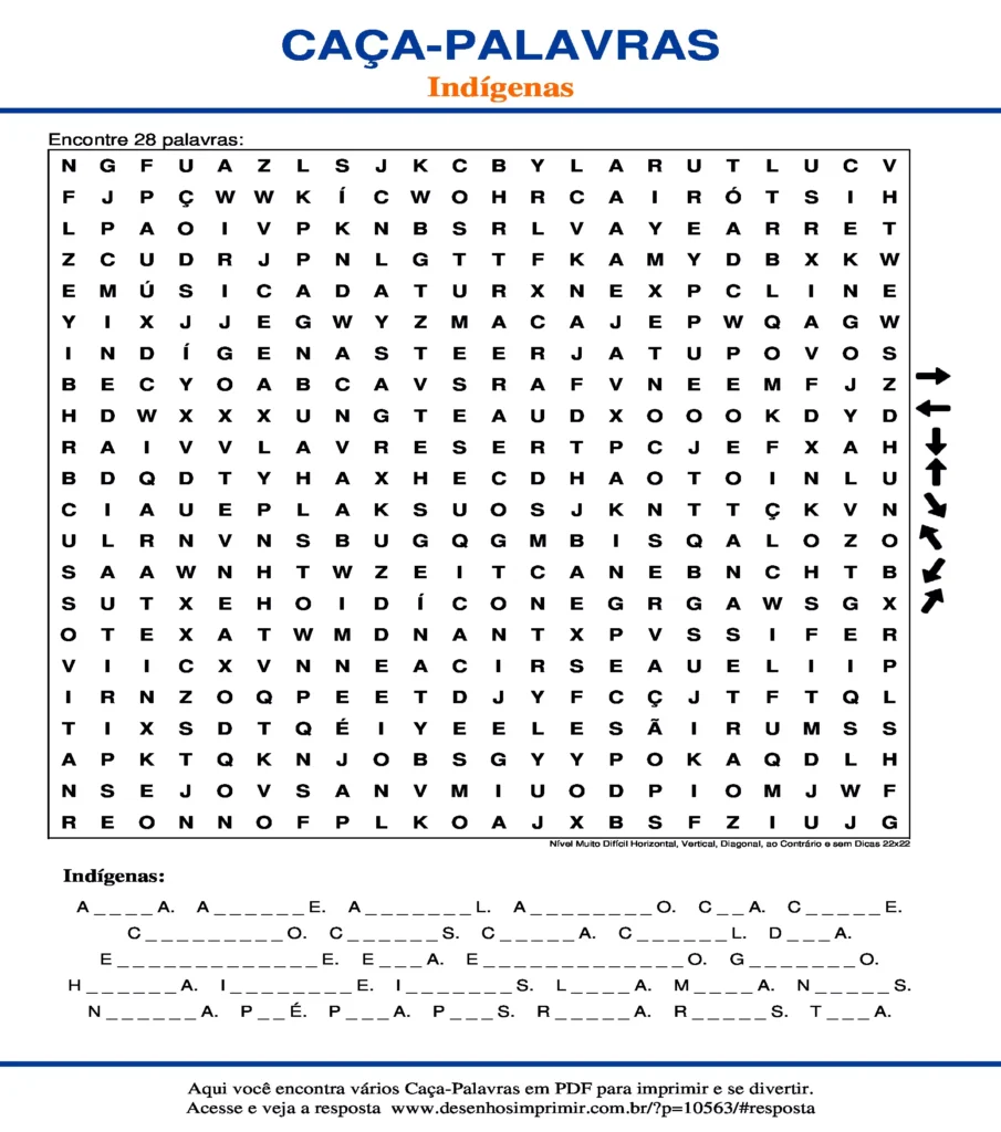 Indígenas Nível Muito Difícil Horizontal, Vertical, Diagonal, ao Contrário e sem Dicas 22x22 caça palavras Caça Palavras Indígenas Nível Muito Difícil Horizontal, Vertical, Diagonal, ao Contrário e sem Dicas 22x22 para imprimir