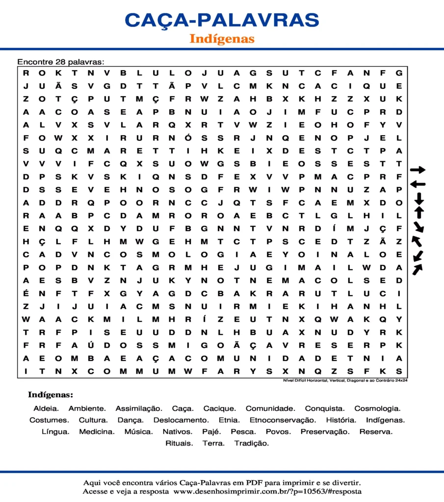 Indígenas Nível Difícil Horizontal, Vertical, Diagonal e ao Contrário 24x24 caça palavras Caça Palavras Indígenas Nível Difícil Horizontal, Vertical, Diagonal e ao Contrário 24x24 para imprimir