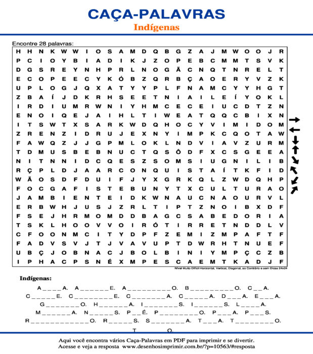 Caça Palavras Indígenas Nível Muito Difícil Horizontal, Vertical, Diagonal, ao Contrário e sem Dicas 24x24 para imprimir