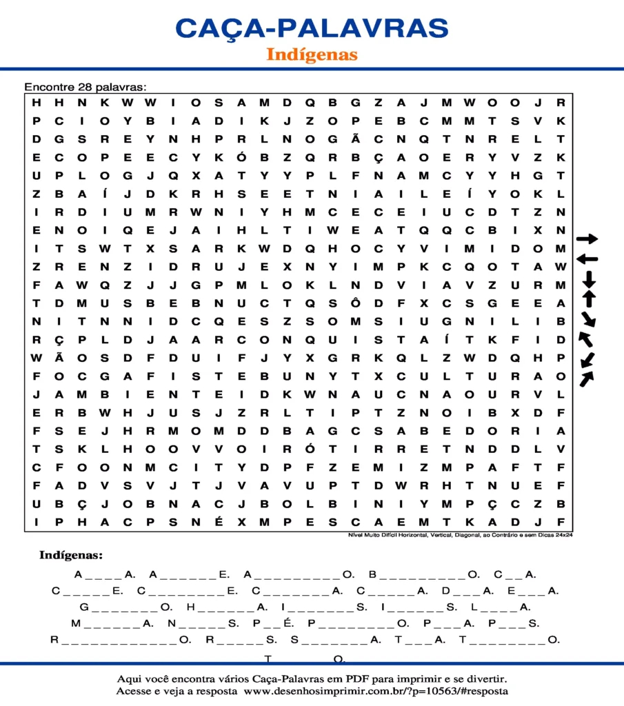 Indígenas Nível Muito Difícil Horizontal, Vertical, Diagonal, ao Contrário e sem Dicas 24x24 caça palavras Caça Palavras Indígenas Nível Muito Difícil Horizontal, Vertical, Diagonal, ao Contrário e sem Dicas 24x24 para imprimir
