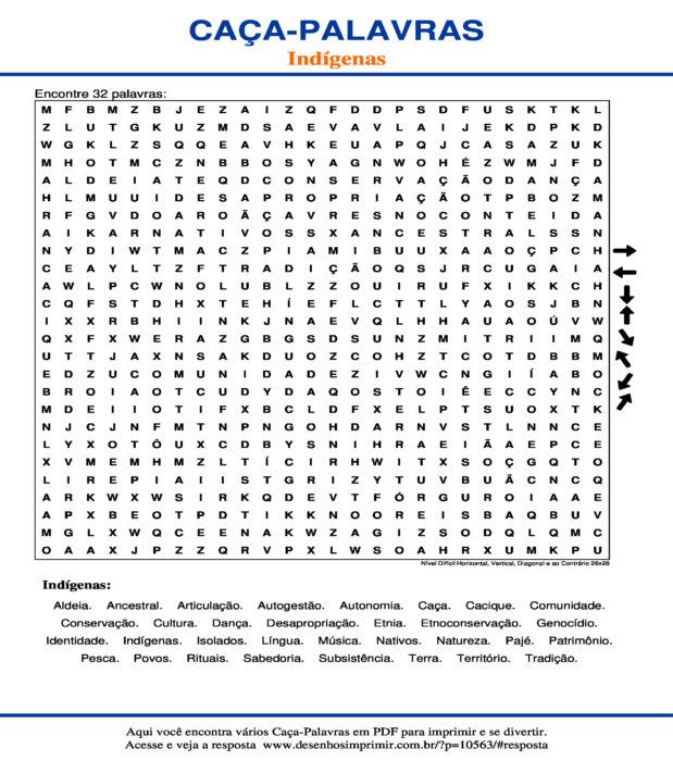 Caça Palavras Indígenas Nível Difícil Horizontal, Vertical, Diagonal e ao Contrário 26x26 para imprimir