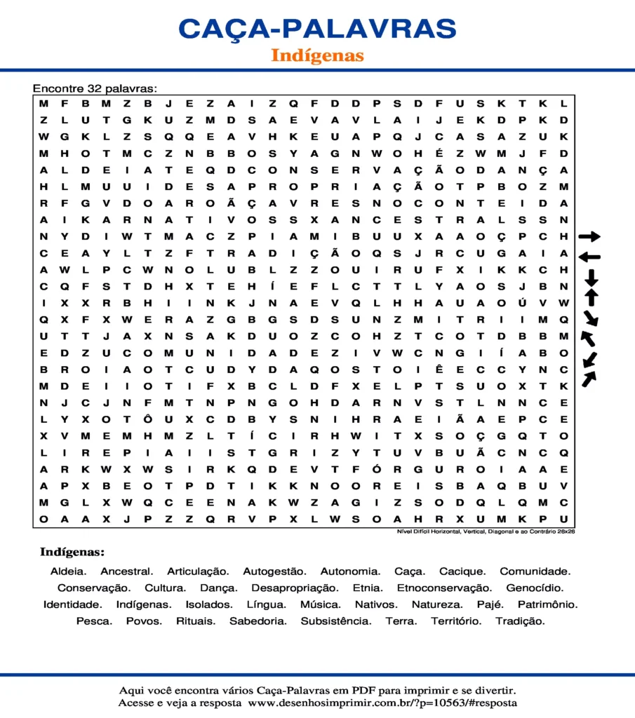 Indígenas Nível Difícil Horizontal, Vertical, Diagonal e ao Contrário 26x26 caça palavras Caça Palavras Indígenas Nível Difícil Horizontal, Vertical, Diagonal e ao Contrário 26x26 para imprimir