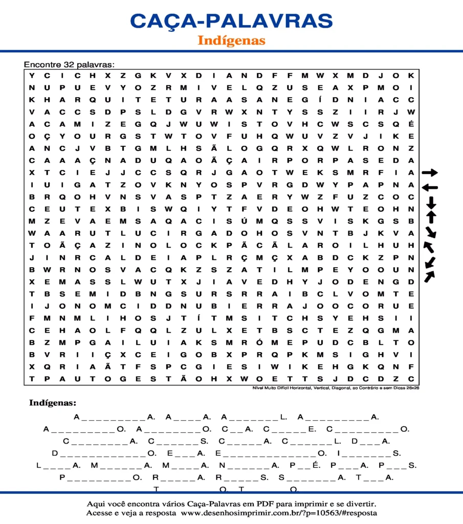 Indígenas Nível Muito Difícil Horizontal, Vertical, Diagonal, ao Contrário e sem Dicas 26x26 caça palavras Caça Palavras Indígenas Nível Muito Difícil Horizontal, Vertical, Diagonal, ao Contrário e sem Dicas 26x26 para imprimir