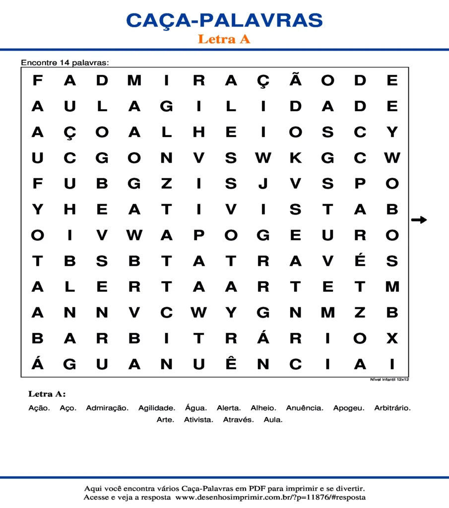 Letra Nível Infantil 12x12 caça palavras Caça Palavras da Letra Nível Infantil 12x12 A para imprimir