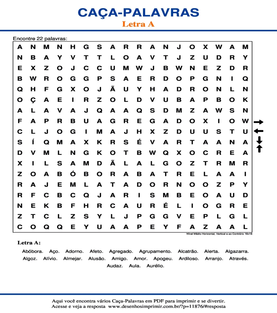 Letra Nível Médio Horizontal, Vertical e ao Contrário 18x18 caça palavras Caça Palavras da Letra Nível Médio Horizontal, Vertical e ao Contrário 18x18 A para imprimir