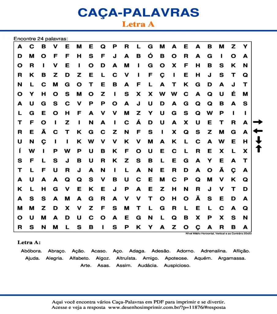Letra Nível Médio Horizontal, Vertical e ao Contrário 20x20 caça palavras Caça Palavras da Letra Nível Médio Horizontal, Vertical e ao Contrário 20x20 A para imprimir