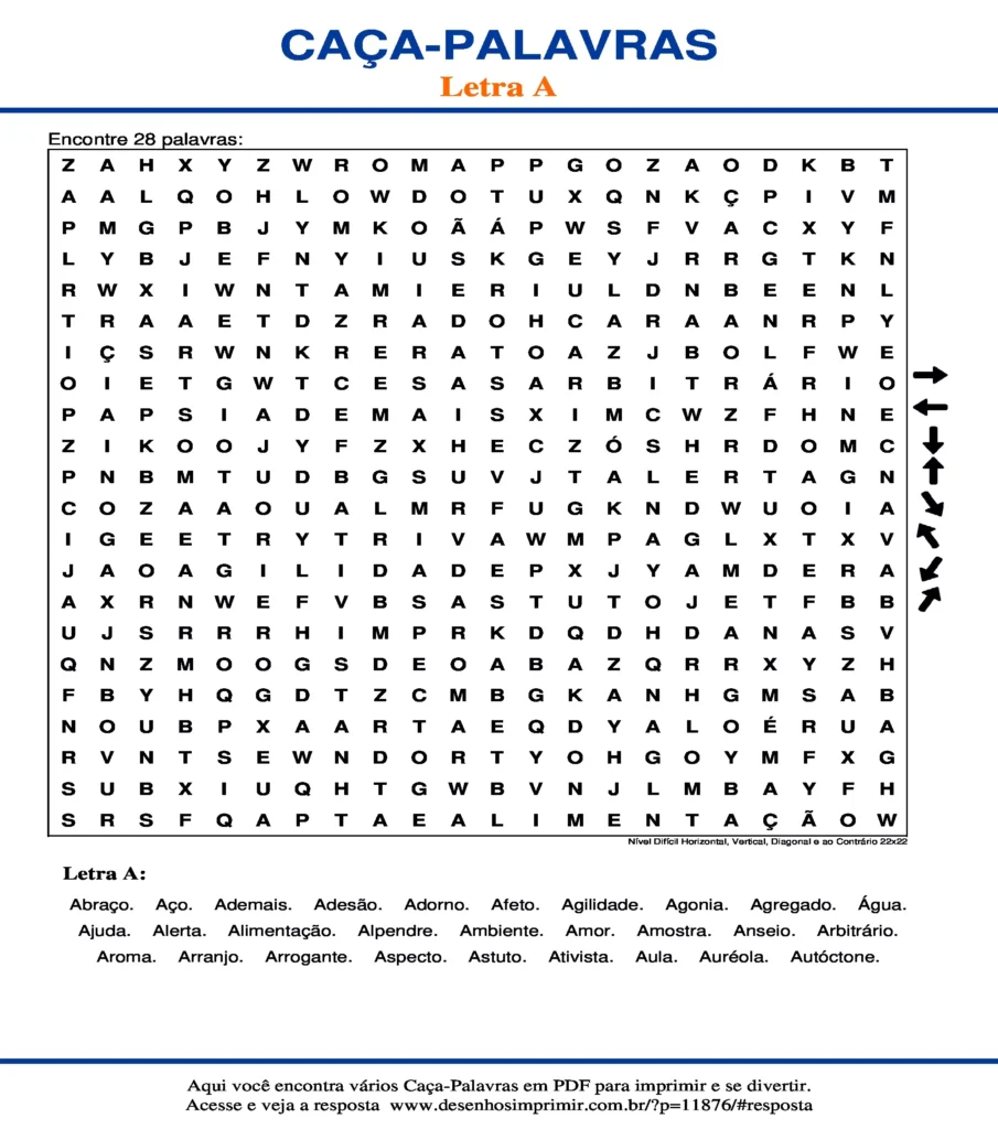 Letra Nível Difícil Horizontal, Vertical, Diagonal e ao Contrário 22x22 caça palavras Caça Palavras da Letra Nível Difícil Horizontal, Vertical, Diagonal e ao Contrário 22x22 A para imprimir
