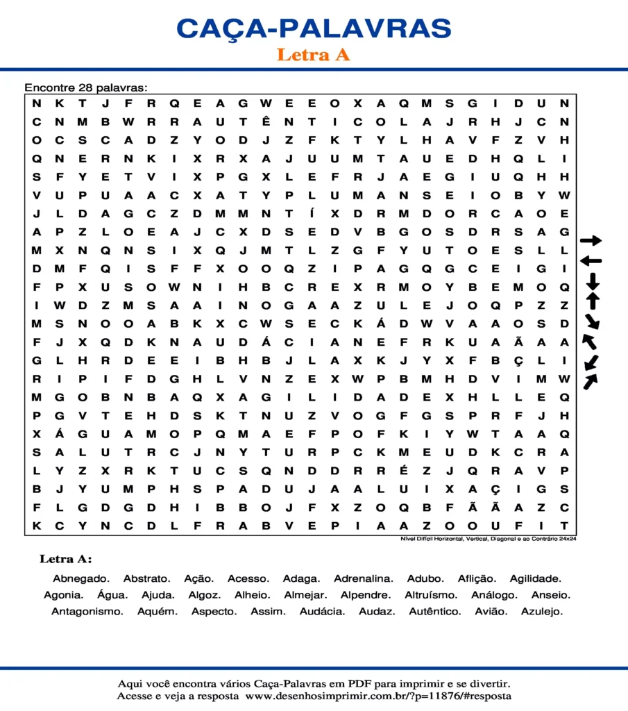 Letra Nível Difícil Horizontal, Vertical, Diagonal e ao Contrário 24x24 caça palavras Caça Palavras da Letra Nível Difícil Horizontal, Vertical, Diagonal e ao Contrário 24x24 A para imprimir