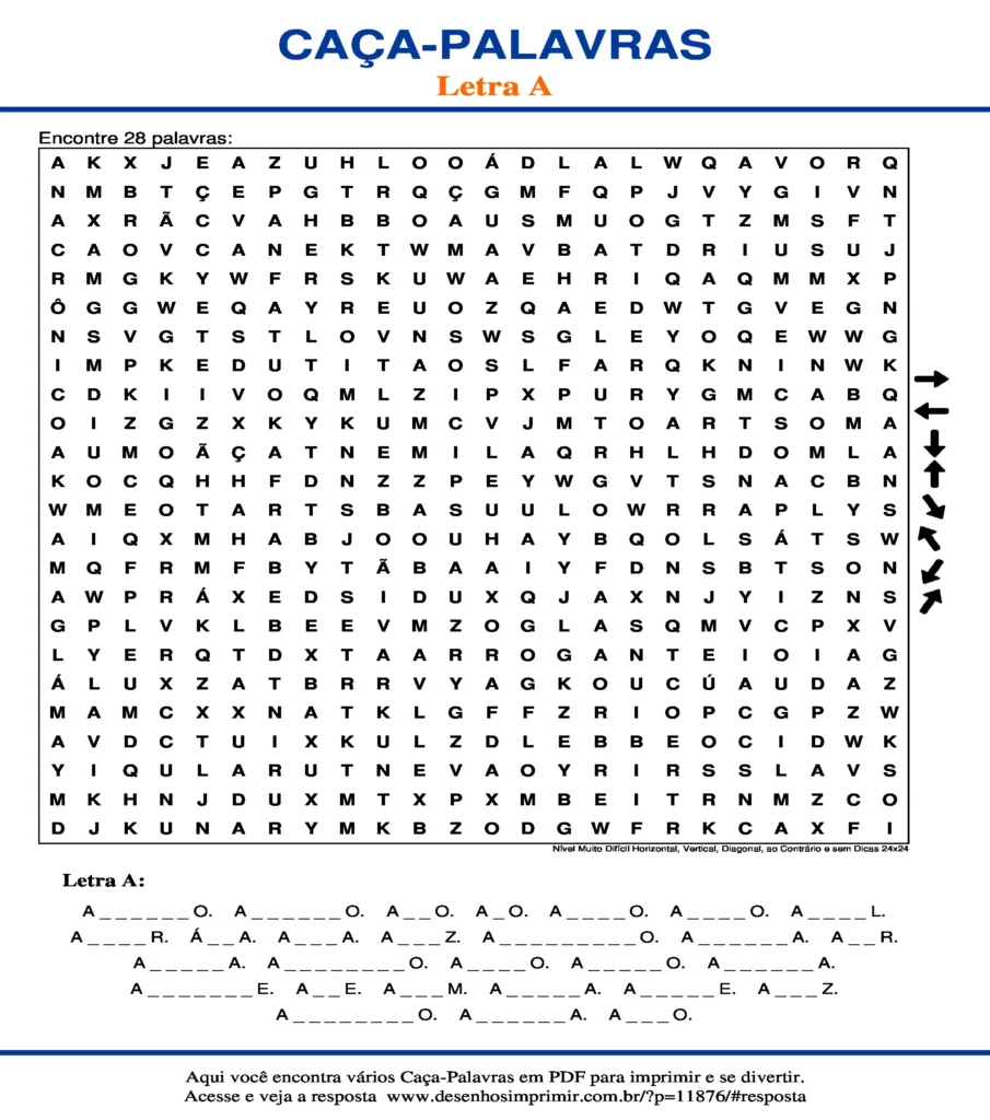 Letra Nível Muito Difícil Horizontal, Vertical, Diagonal, ao Contrário e sem Dicas 24x24 caça palavras Caça Palavras da Letra Nível Muito Difícil Horizontal, Vertical, Diagonal, ao Contrário e sem Dicas 24x24 A para imprimir