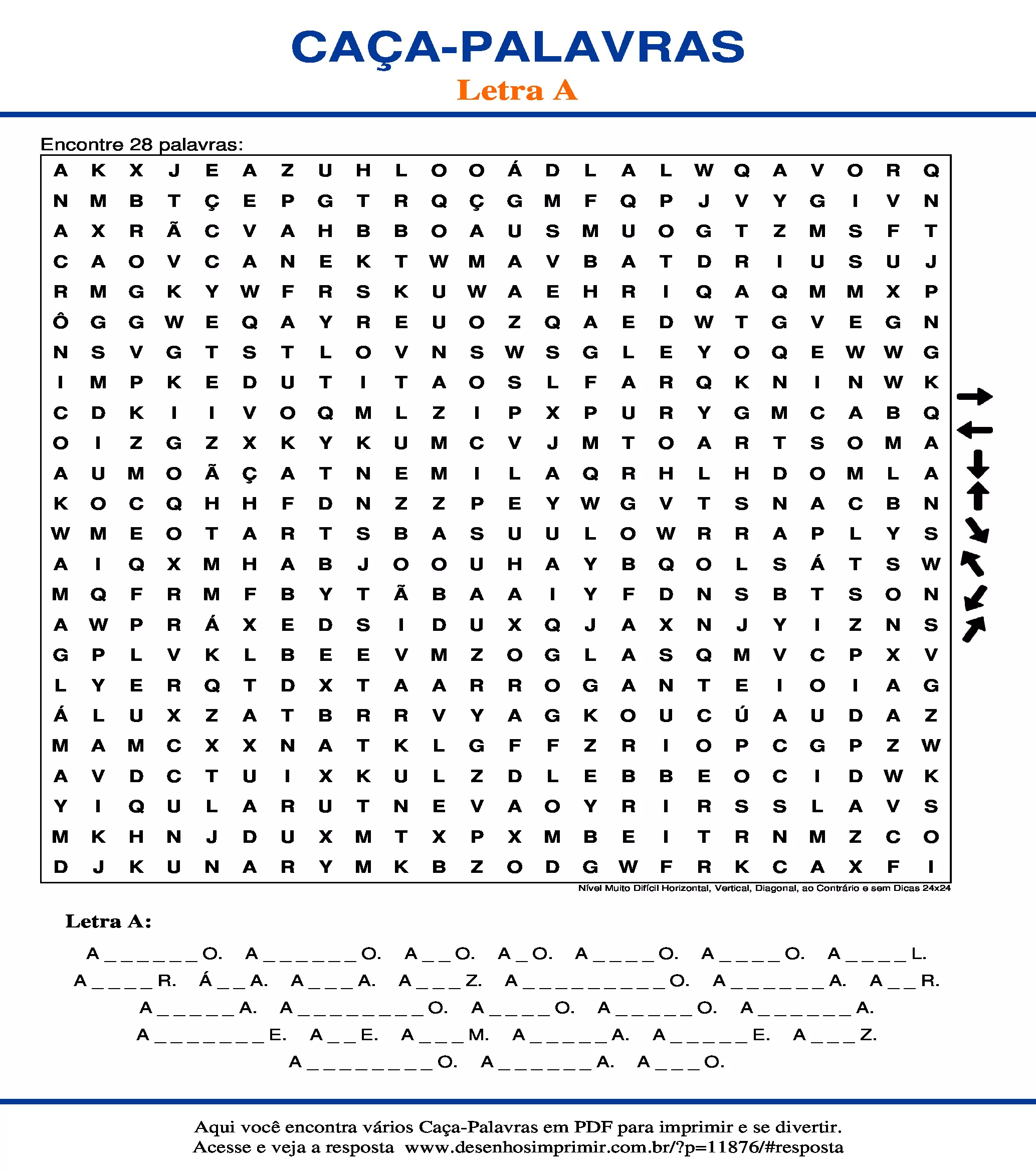 Caça Palavras Nível Muito Difícil Horizontal, Vertical, Diagonal, ao Contrário e sem Dicas 24x24