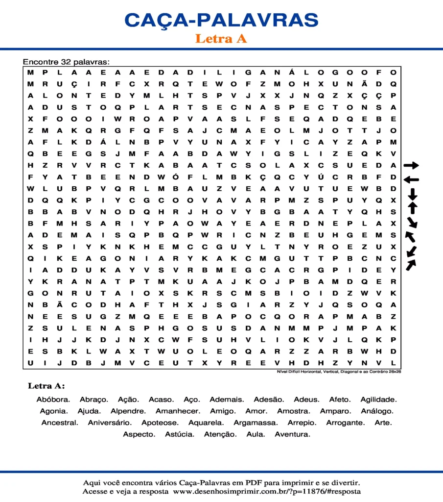 Letra Nível Difícil Horizontal, Vertical, Diagonal e ao Contrário 26x26 caça palavras Caça Palavras da Letra Nível Difícil Horizontal, Vertical, Diagonal e ao Contrário 26x26 A para imprimir